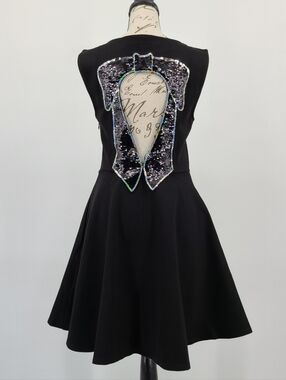 ModCloth Black Fit-and-Flare Dress with Sequin Bow Open Back Size Small